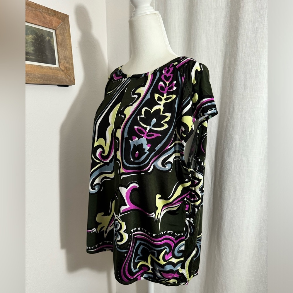 VINTAGE BALENCIAGA size 40/ L black rayon back drape cowl TEE bold graphic